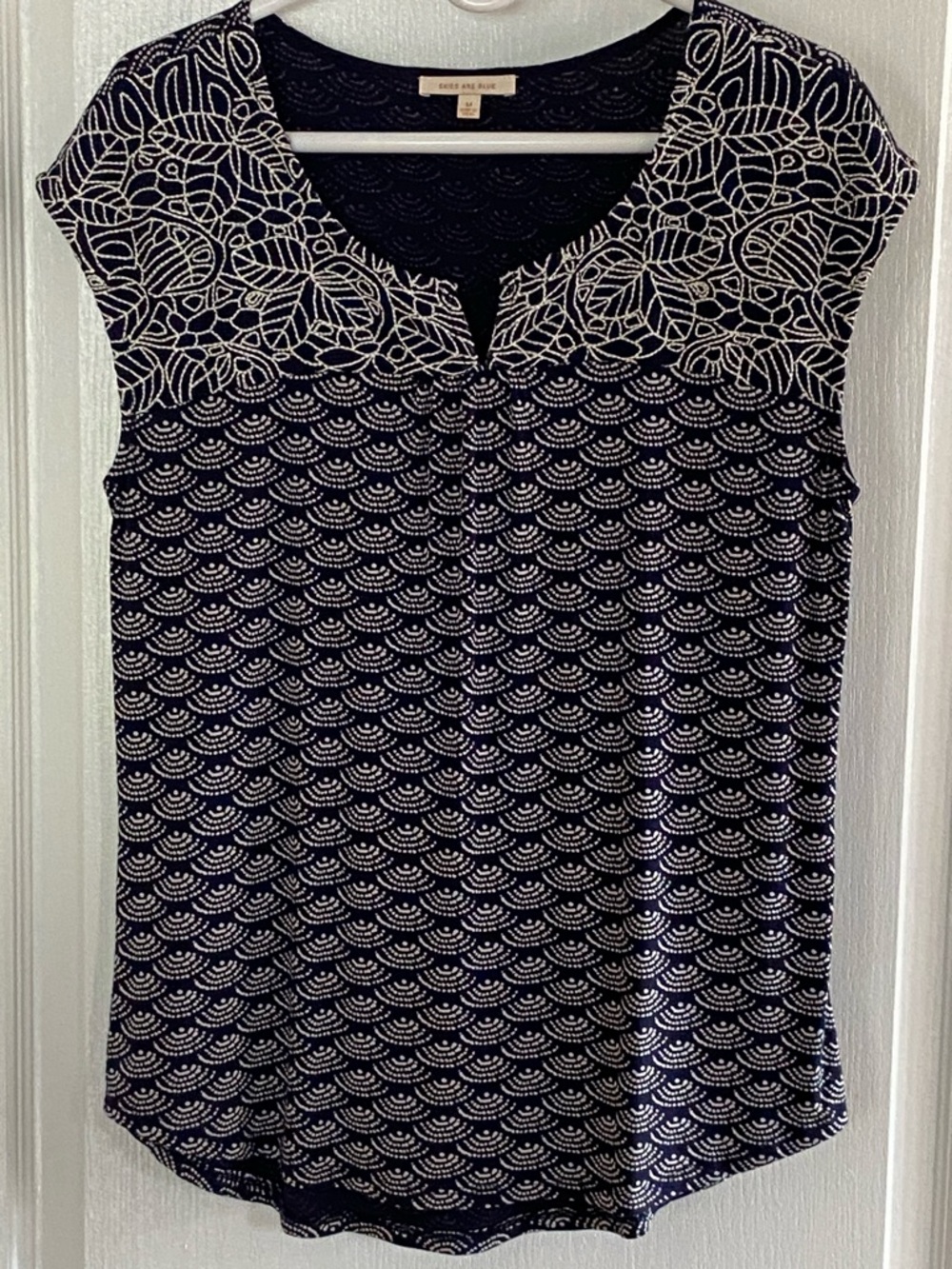 Skies Are Blue Navy and White Cap Sleeve Knit Top with Scallop & Floral Yoke